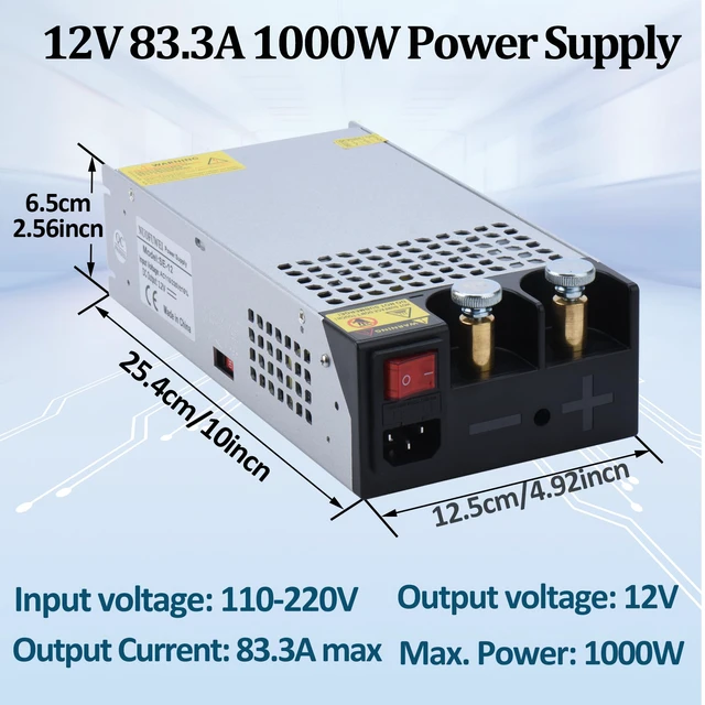 Alt view image 6 of 6 - DC 12V 83.3A 1000W Power Supply 110V AC to 12V DC Converter 83.3A 1000W Switching Power Supply Transformer PSU for 12Volt Motor Pump CCTV Security Camera Car Stereo 3D Printer