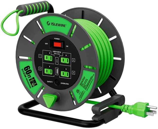 Main image of 60 FT Retractable Extension Cord Reel, 14AWG SJTOW Heavy Duty Power Cord with 4 Grounded Outlets, USB-A & USB-C Ports, 13A Circuit Breaker, Hand Crank for Indoor Outdoor Use, ETL Listed, Green