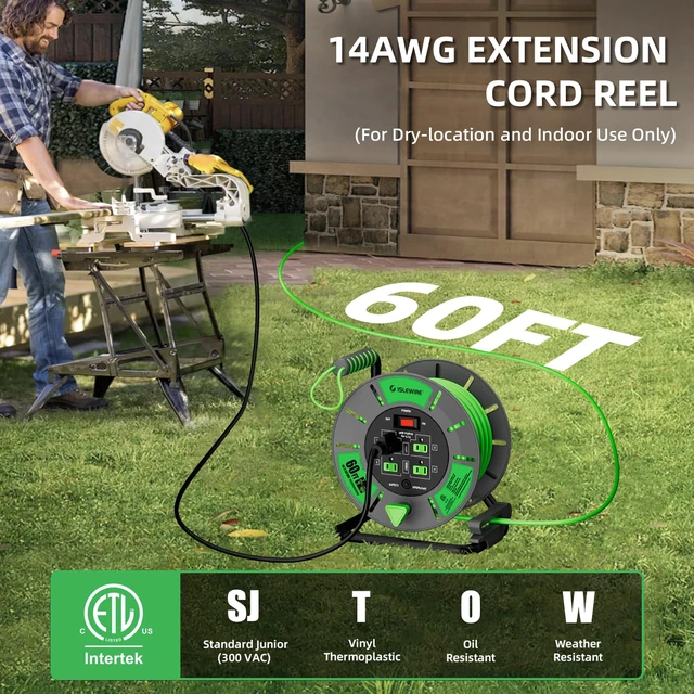 Alt view image 2 of 7 - 60 FT Retractable Extension Cord Reel, 14AWG SJTOW Heavy Duty Power Cord with 4 Grounded Outlets, USB-A & USB-C Ports, 13A Circuit Breaker, Hand Crank for Indoor Outdoor Use, ETL Listed, Green
