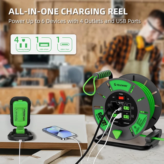 Alt view image 3 of 7 - 60 FT Retractable Extension Cord Reel, 14AWG SJTOW Heavy Duty Power Cord with 4 Grounded Outlets, USB-A & USB-C Ports, 13A Circuit Breaker, Hand Crank for Indoor Outdoor Use, ETL Listed, Green