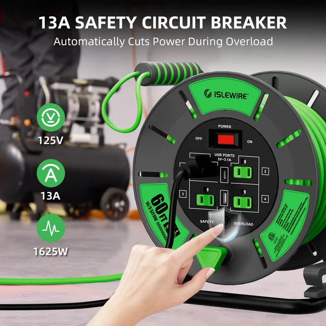 Alt view image 4 of 7 - 60 FT Retractable Extension Cord Reel, 14AWG SJTOW Heavy Duty Power Cord with 4 Grounded Outlets, USB-A & USB-C Ports, 13A Circuit Breaker, Hand Crank for Indoor Outdoor Use, ETL Listed, Green