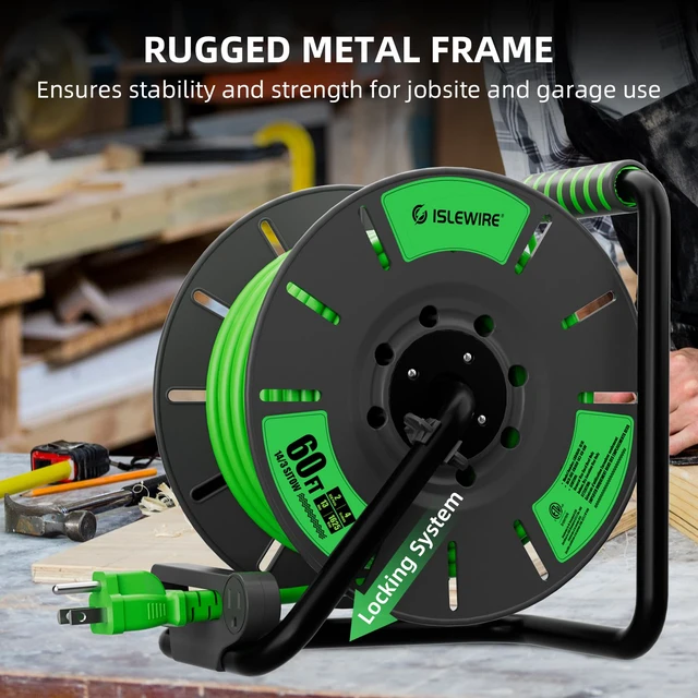 Alt view image 6 of 7 - 60 FT Retractable Extension Cord Reel, 14AWG SJTOW Heavy Duty Power Cord with 4 Grounded Outlets, USB-A & USB-C Ports, 13A Circuit Breaker, Hand Crank for Indoor Outdoor Use, ETL Listed, Green