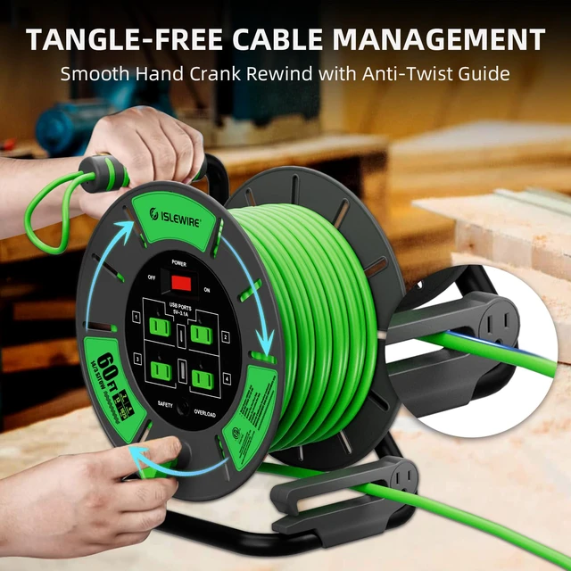 Alt view image 5 of 7 - 60 FT Retractable Extension Cord Reel, 14AWG SJTOW Heavy Duty Power Cord with 4 Grounded Outlets, USB-A & USB-C Ports, 13A Circuit Breaker, Hand Crank for Indoor Outdoor Use, ETL Listed, Green