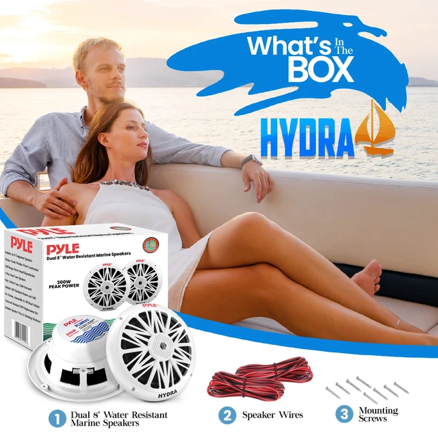 Alt view image 2 of 7 - Marine Speakers, Waterproof, Weather Resistant, 8 Inch Dual, 10 Inch Outer Frame, 300 Watt Power, Poly Carbon Cone, Cloth Surround, Includes Mounting Hardware and Wires, White, PLMR82
