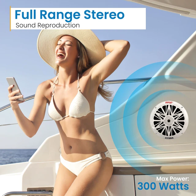 Alt view image 5 of 7 - Marine Speakers, Waterproof, Weather Resistant, 8 Inch Dual, 10 Inch Outer Frame, 300 Watt Power, Poly Carbon Cone, Cloth Surround, Includes Mounting Hardware and Wires, White, PLMR82