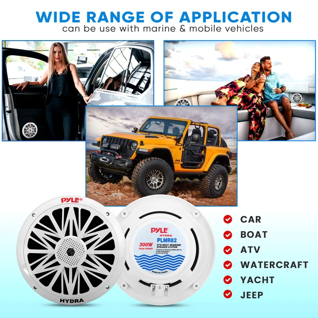 Alt view image 6 of 7 - Marine Speakers, Waterproof, Weather Resistant, 8 Inch Dual, 10 Inch Outer Frame, 300 Watt Power, Poly Carbon Cone, Cloth Surround, Includes Mounting Hardware and Wires, White, PLMR82