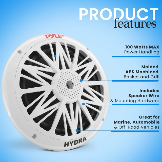 Alt view image 7 of 7 - Marine Speakers, Waterproof, Weather Resistant, 8 Inch Dual, 10 Inch Outer Frame, 300 Watt Power, Poly Carbon Cone, Cloth Surround, Includes Mounting Hardware and Wires, White, PLMR82