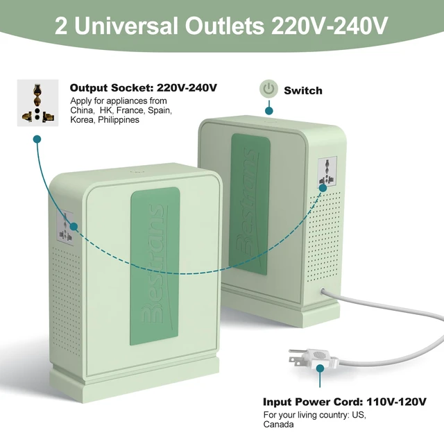 Alt view image 3 of 7 - 2000W Step Up Transformer 110v to 220v Converter, Heavy Duty Voltage Converter 110v-120v to 220v-240v with Dual Outlets, Overload Protection & Ultra-Quiet for Home Appliances, Light Green