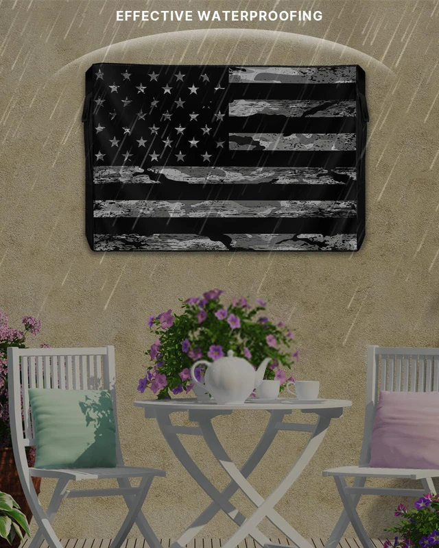 Alt view image 3 of 7 - American Flag Outdoor TV Cover 70 to 75 Inch Weatherproof, Camouflage Black Stripes 600D Oxford TV Covers with Zipper, Vintage US Flag Outside Flat TV Screen Protector Size 68"W x 42"H x 4.5"D