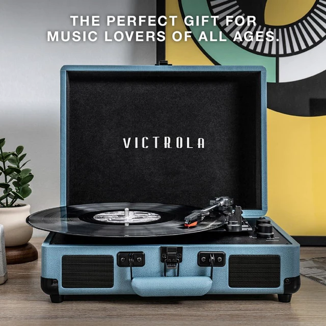 Alt view image 7 of 7 - Journey - Bluetooth Suitcase Record Player - Light Denim Blue Built-in stereo speakers, 3-speed turntable plays 7", 10" and 12" records, Bluetooth streaming, headphone jack