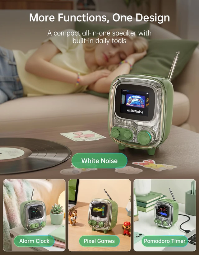 Alt view image 3 of 7 - Tiivoo-2 Retro Bluetooth Speaker, FM Radio, Pixel Art Display, Green Alarm Clock, Portable Mini Wireless Speaker, Cute Vintage Desk Decor Gift