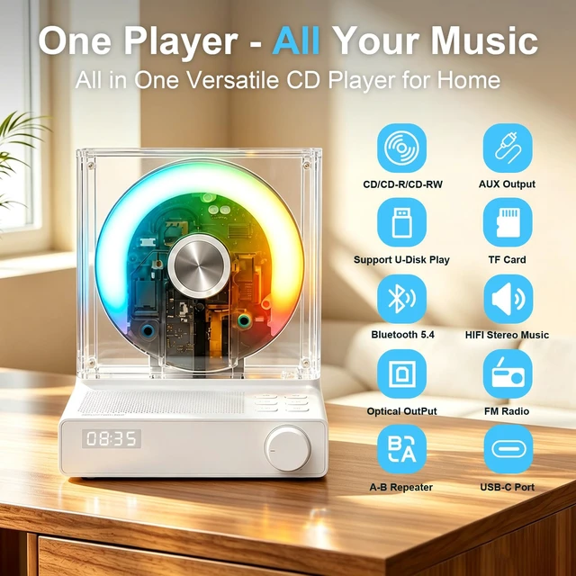Alt view image 2 of 7 - Retro Bluetooth CD Player for Home with Speakers, Remote, USB, AUX Rechargeable Type-C design, visible disc window, FM radio, sleep timer, gift-ready style for bedroom, dorm, and desk setups