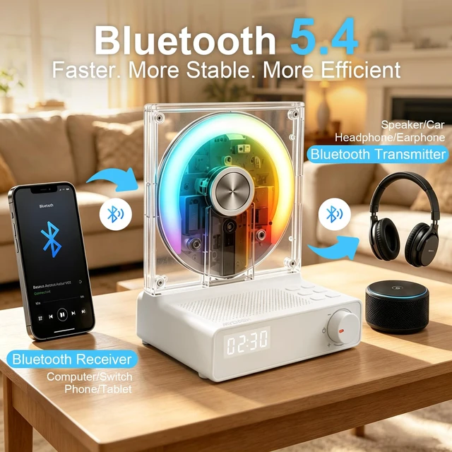Alt view image 4 of 7 - Retro Bluetooth CD Player for Home with Speakers, Remote, USB, AUX Rechargeable Type-C design, visible disc window, FM radio, sleep timer, gift-ready style for bedroom, dorm, and desk setups