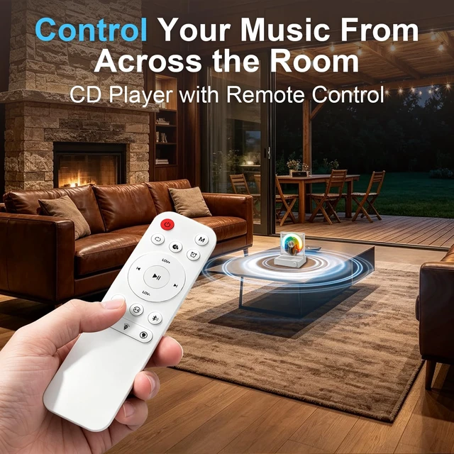 Alt view image 7 of 7 - Retro Bluetooth CD Player for Home with Speakers, Remote, USB, AUX Rechargeable Type-C design, visible disc window, FM radio, sleep timer, gift-ready style for bedroom, dorm, and desk setups