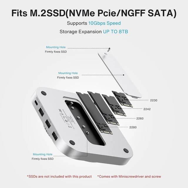 Alt view image 4 of 7 - Mac mini M6, M5 Pro, M4 Dock, 13-in-1 4K@144Hz Extended Displays Docking Station Stand for M4Pro, 10Gbps, with M.2 NVMe SSD Enclosure Hub, HDMI, SD/TF, Audio Ports*2, 20W PD Adapter*1