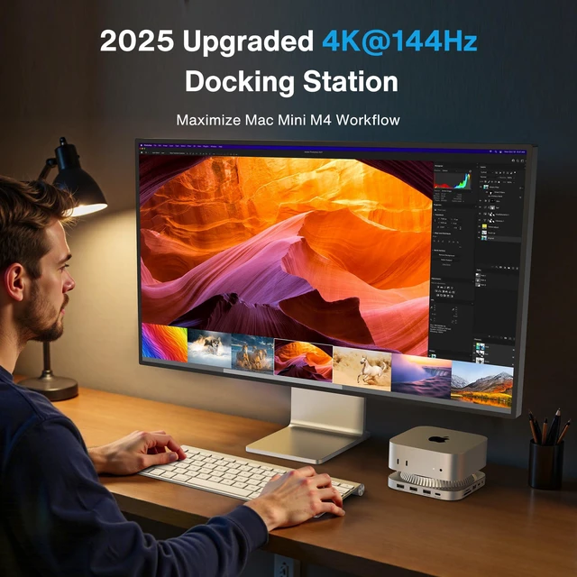 Alt view image 5 of 7 - Mac mini M6, M5 Pro, M4 Dock, 13-in-1 4K@144Hz Extended Displays Docking Station Stand for M4Pro, 10Gbps, with M.2 NVMe SSD Enclosure Hub, HDMI, SD/TF, Audio Ports*2, 20W PD Adapter*1