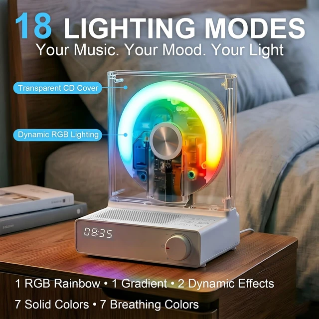Alt view image 3 of 7 - Retro Bluetooth CD Player for Home with Speakers, Remote, USB, AUX Rechargeable Type-C design, visible disc window, FM radio, sleep timer, gift-ready style for bedroom, dorm, and desk setups