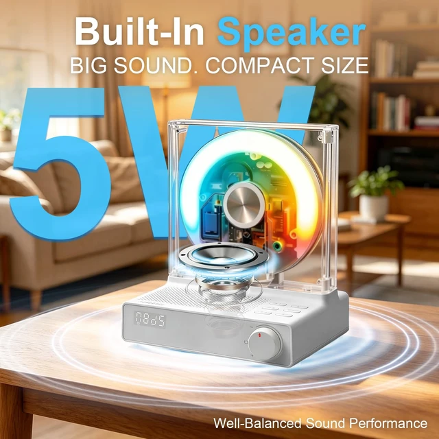 Alt view image 6 of 7 - Retro Bluetooth CD Player for Home with Speakers, Remote, USB, AUX Rechargeable Type-C design, visible disc window, FM radio, sleep timer, gift-ready style for bedroom, dorm, and desk setups