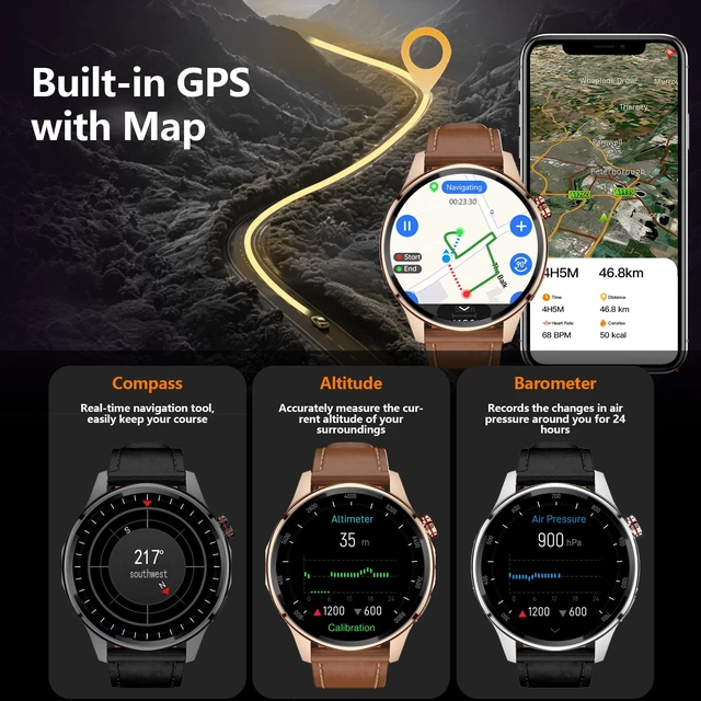 Alt view image 2 of 7 - Smart Watch for Men Built-in GPS with Map(Answer/Make Call/Text), 1.46" AI Smartwatch for Android Phones/iPhone, 100+ Sport Mode Fitness Tracker with Health/Sleep Monitor, Compass/Barometer(2 Straps)