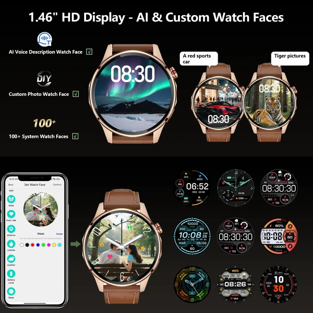 Alt view image 7 of 7 - Smart Watch for Men Built-in GPS(Answer/Make Call/Text), 1.46" AI Smartwatch for Android Phones/iPhone, 100+ Sport Mode Fitness Tracker with Health/Sleep Monitor, Compass/Barometer/Altitude(2 Straps)