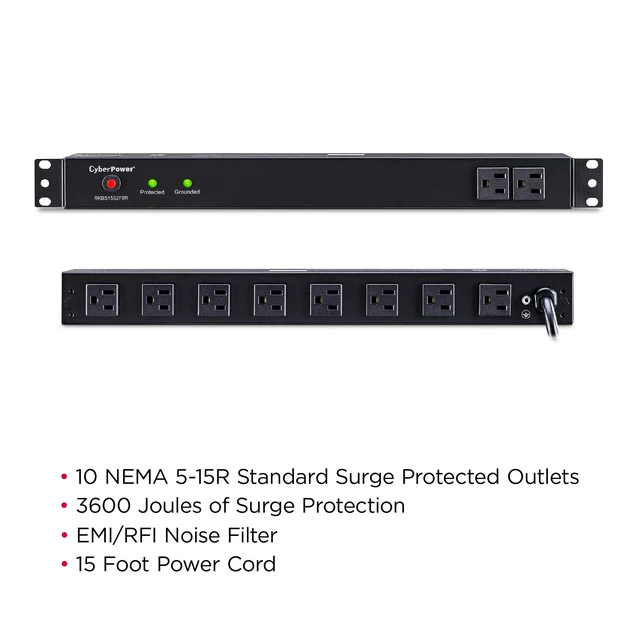 Alt view image 5 of 7 - RKBS15S2F8R Rackbar Surge Protector 120V/15A, 10 Outlets, 15 Foot Power Cord, 1U Rackmount, UL Listed