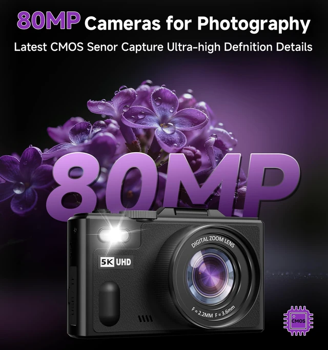Alt view image 2 of 7 - Digital Camera, 5K 80MP Digital Camera for Photography with 3" 180° Flip Screen with 18X Zoom, 64GB SD Card, Travel Camera for YouTube with Anti-Shake, Camera for Teens