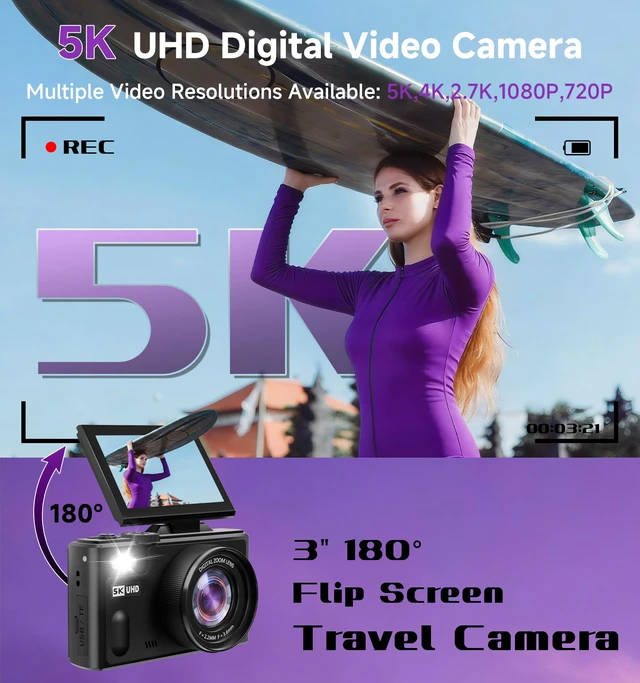Alt view image 3 of 7 - Digital Camera, 5K 80MP Digital Camera for Photography with 3" 180° Flip Screen with 18X Zoom, 64GB SD Card, Travel Camera for YouTube with Anti-Shake, Camera for Teens