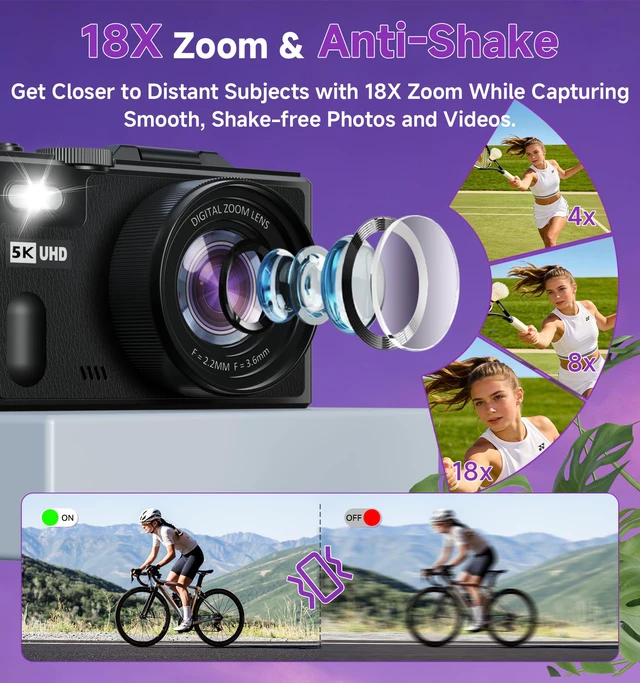 Alt view image 4 of 7 - Digital Camera, 5K 80MP Digital Camera for Photography with 3" 180° Flip Screen with 18X Zoom, 64GB SD Card, Travel Camera for YouTube with Anti-Shake, Camera for Teens