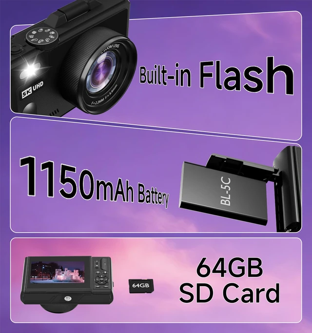 Alt view image 7 of 7 - Digital Camera, 5K 80MP Digital Camera for Photography with 3" 180° Flip Screen with 18X Zoom, 64GB SD Card, Travel Camera for YouTube with Anti-Shake, Camera for Teens
