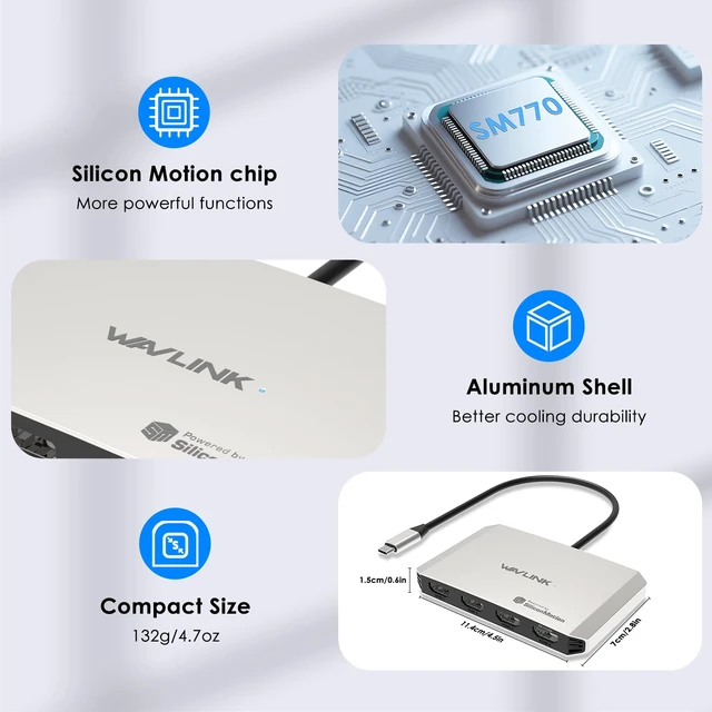 Alt view image 7 of 7 - Laptop Docking Station, 4 Monitors for HDMI, Single 4K@144Hz 140W PD in, Compatible with M1/M2/M3/M4/Macbook Neo, macOS and Windows, Required SMI Driver & Host USB3.2