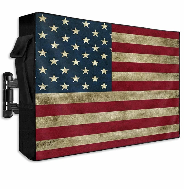 Main image of American Flag Outdoor TV Cover 70 to 75 Inch Weatherproof, Vintage Red Stripes 600D Oxford TV Covers with Waterproof Zipper, USA Flag Outside Flat TV Screen Protector Size 68"W x 42"H x 4.5"D