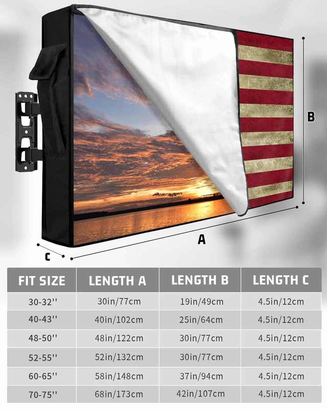 Alt view image 2 of 7 - American Flag Outdoor TV Cover 70 to 75 Inch Weatherproof, Vintage Red Stripes 600D Oxford TV Covers with Waterproof Zipper, USA Flag Outside Flat TV Screen Protector Size 68"W x 42"H x 4.5"D