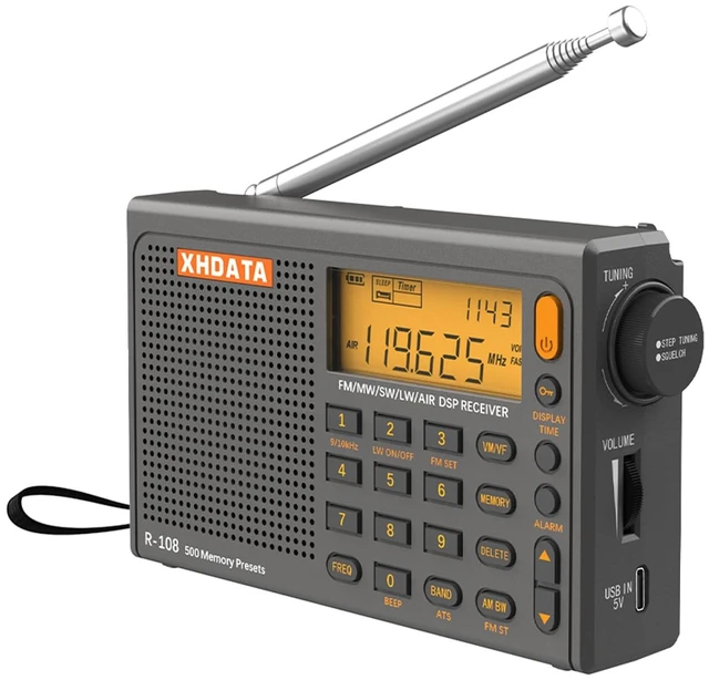 Main image of R108 Portable Radio AM/FM/SW/LW/Airband Shortwave Radio Receiver Battery Operated Radio with Good Reception, Great Sound Speaker, FM Stereo, Alarm Clock, External Antenna (Grey)