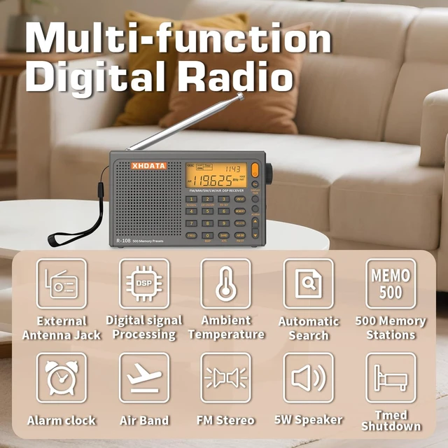 Alt view image 3 of 7 - R108 Portable Radio AM/FM/SW/LW/Airband Shortwave Radio Receiver Battery Operated Radio with Good Reception, Great Sound Speaker, FM Stereo, Alarm Clock, External Antenna (Grey)