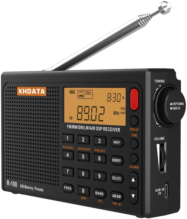 Main image of R108 Portable Radio AM/FM/SW/LW/Airband Shortwave Receiver Battery Operated Radio with Good Reception, Great Sound Speaker Stereo Alarm Clock External Antenna (Black)