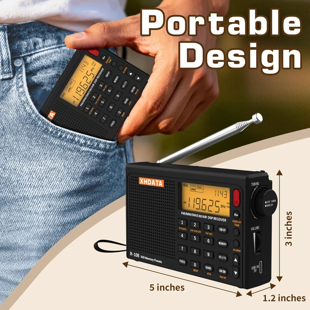 Alt view image 2 of 4 - R108 Portable Radio AM/FM/SW/LW/Airband Shortwave Receiver Battery Operated Radio with Good Reception, Great Sound Speaker Stereo Alarm Clock External Antenna (Black)