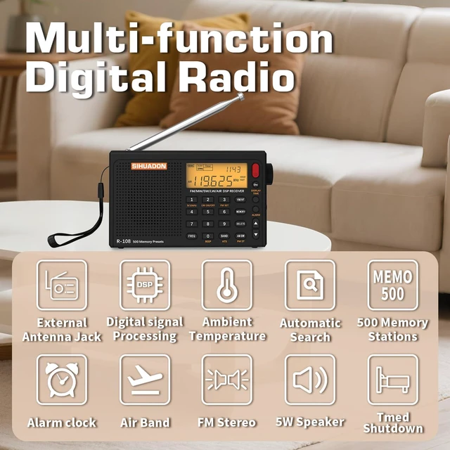 Alt view image 4 of 4 - R108 Portable Radio AM/FM/SW/LW/Airband Shortwave Receiver Battery Operated Radio with Good Reception, Great Sound Speaker Stereo Alarm Clock External Antenna (Black)