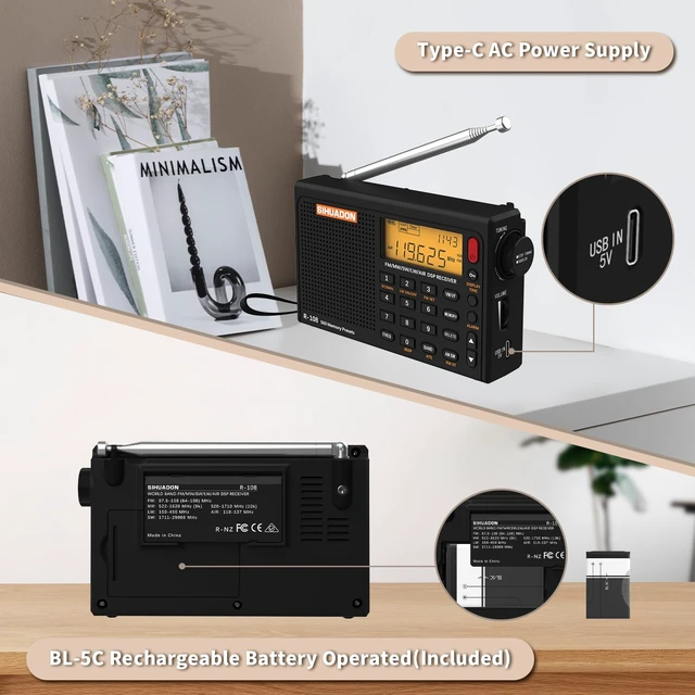 Alt view image 5 of 7 - R108 Portable Radio AM/FM/SW/LW/Airband Shortwave Receiver Battery Operated Radio with Good Reception, Great Sound Speaker, FM Stereo, External Antenna for Home and Outdoors (Black)