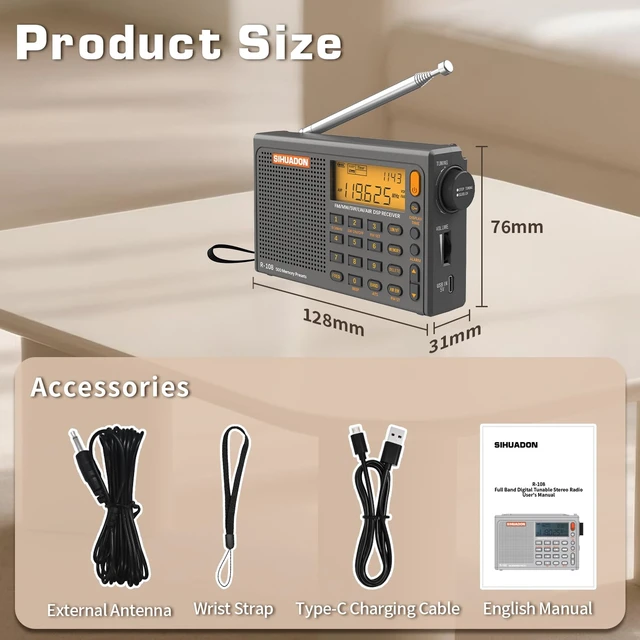 Alt view image 7 of 7 - R108 Portable Radio AM/FM/SW/LW/Airband Shortwave Receiver Battery Operated Radio with Good Reception, Great Sound Speaker, FM Stereo, External Antenna for Home and Outdoors (Black)