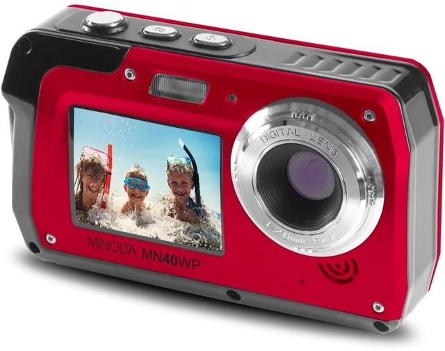 Main image of MN40WP 48MP QHD Dual LCD Screen Waterproof Camera, Red Includes a carrying case and neck strap for comfortable viewing and easy transport