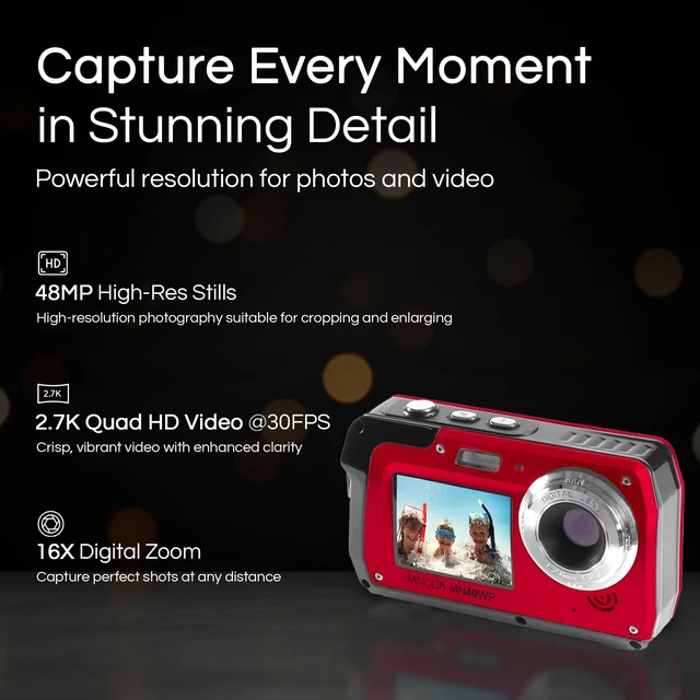 Alt view image 2 of 5 - MN40WP 48MP QHD Dual LCD Screen Waterproof Camera, Red Includes a carrying case and neck strap for comfortable viewing and easy transport