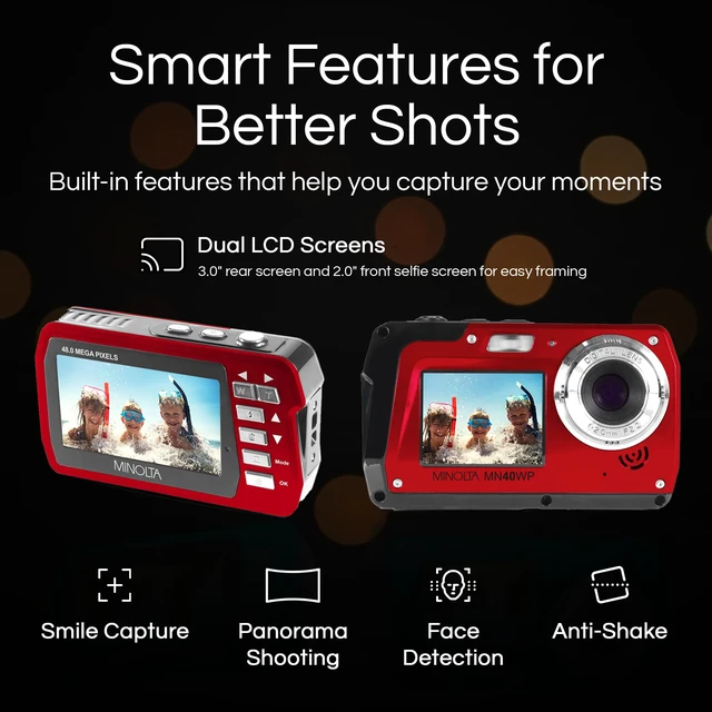 Alt view image 3 of 5 - MN40WP 48MP QHD Dual LCD Screen Waterproof Camera, Red Includes a carrying case and neck strap for comfortable viewing and easy transport