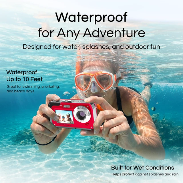 Alt view image 4 of 5 - MN40WP 48MP QHD Dual LCD Screen Waterproof Camera, Red Includes a carrying case and neck strap for comfortable viewing and easy transport