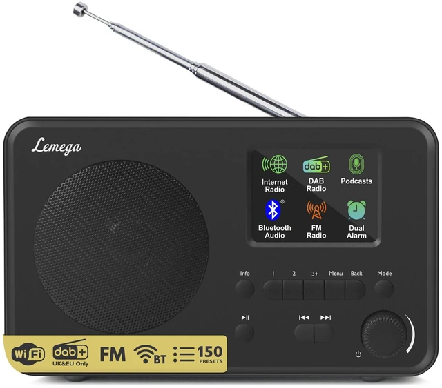 Main image of IR1S Internet Radio, Podcasts, Bluetooth, FM, Black Alarm clock, full colour display, mains or AA battery, compact kitchen radio, snooze, sleep timer, 150 unified presets