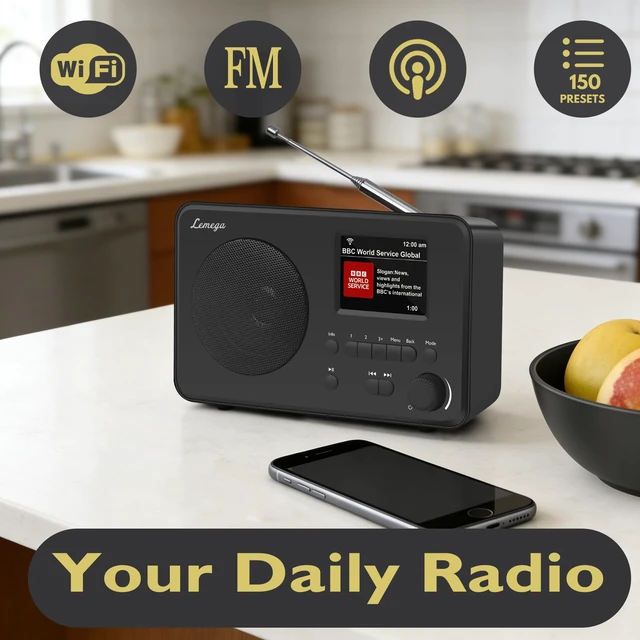 Alt view image 2 of 6 - IR1S Internet Radio, Podcasts, Bluetooth, FM, Black Alarm clock, full colour display, mains or AA battery, compact kitchen radio, snooze, sleep timer, 150 unified presets