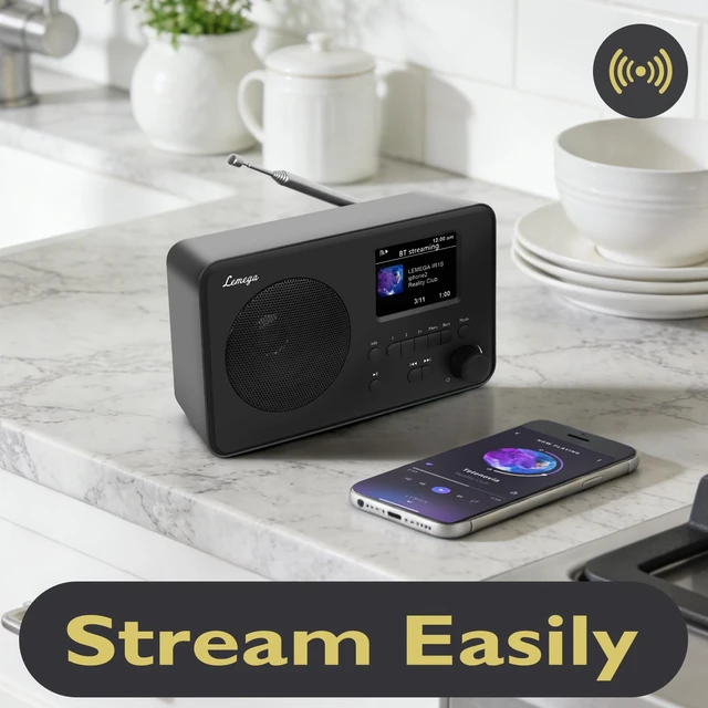 Alt view image 3 of 6 - IR1S Internet Radio, Podcasts, Bluetooth, FM, Black Alarm clock, full colour display, mains or AA battery, compact kitchen radio, snooze, sleep timer, 150 unified presets