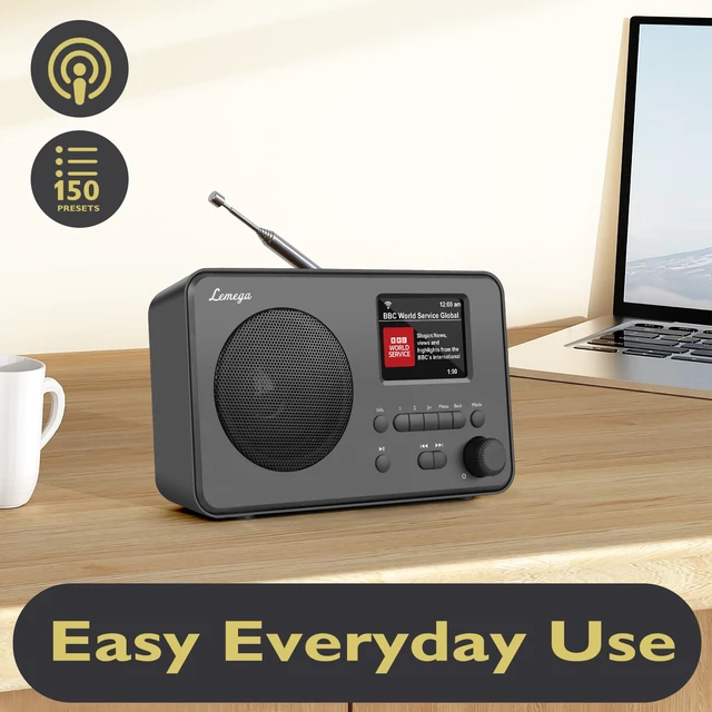 Alt view image 6 of 6 - IR1S Internet Radio, Podcasts, Bluetooth, FM, Black Alarm clock, full colour display, mains or AA battery, compact kitchen radio, snooze, sleep timer, 150 unified presets