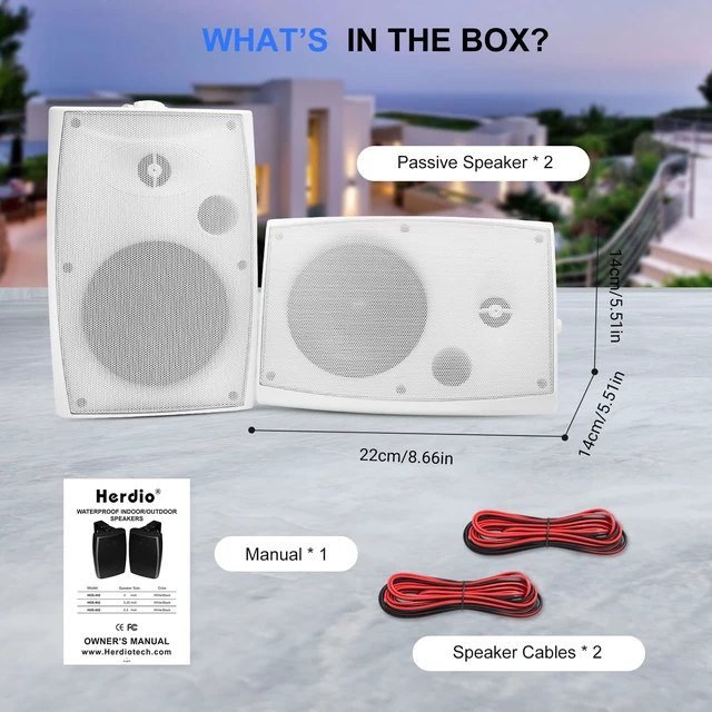 Alt view image 4 of 7 - 4" Passive Outdoor Speakers Waterproof Wired, 200W Wall Mount Speakers with Superior Sound,Dual Swivel Brackets for Patio/Deck/Backyard (Pair, White)