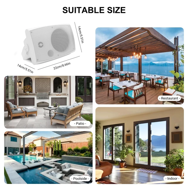 Alt view image 7 of 7 - 4" Passive Outdoor Speakers Waterproof Wired, 200W Wall Mount Speakers with Superior Sound,Dual Swivel Brackets for Patio/Deck/Backyard (Pair, White)