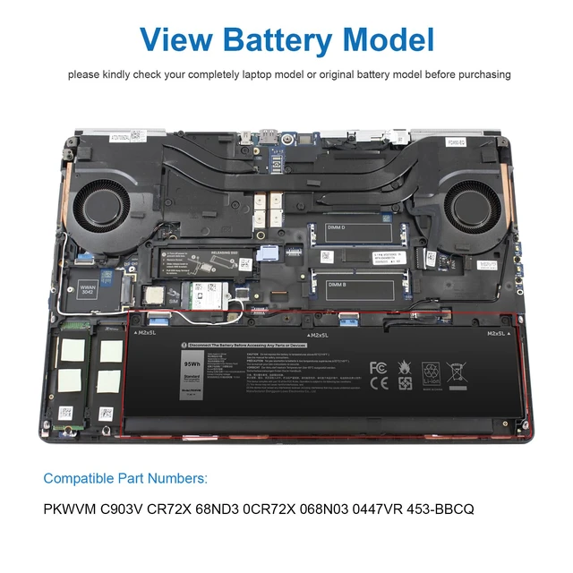 Alt view image 7 of 7 - 95Wh PKWVM Laptop Battery Compatible with Dell Precision 7550 7750 7560 7760 Series Workstation Notebook C903V CR72X 0CR72X 17C06 068N03 447VR 0447VR P44E P93F P44E001 P44E002 P93F001 P93F002